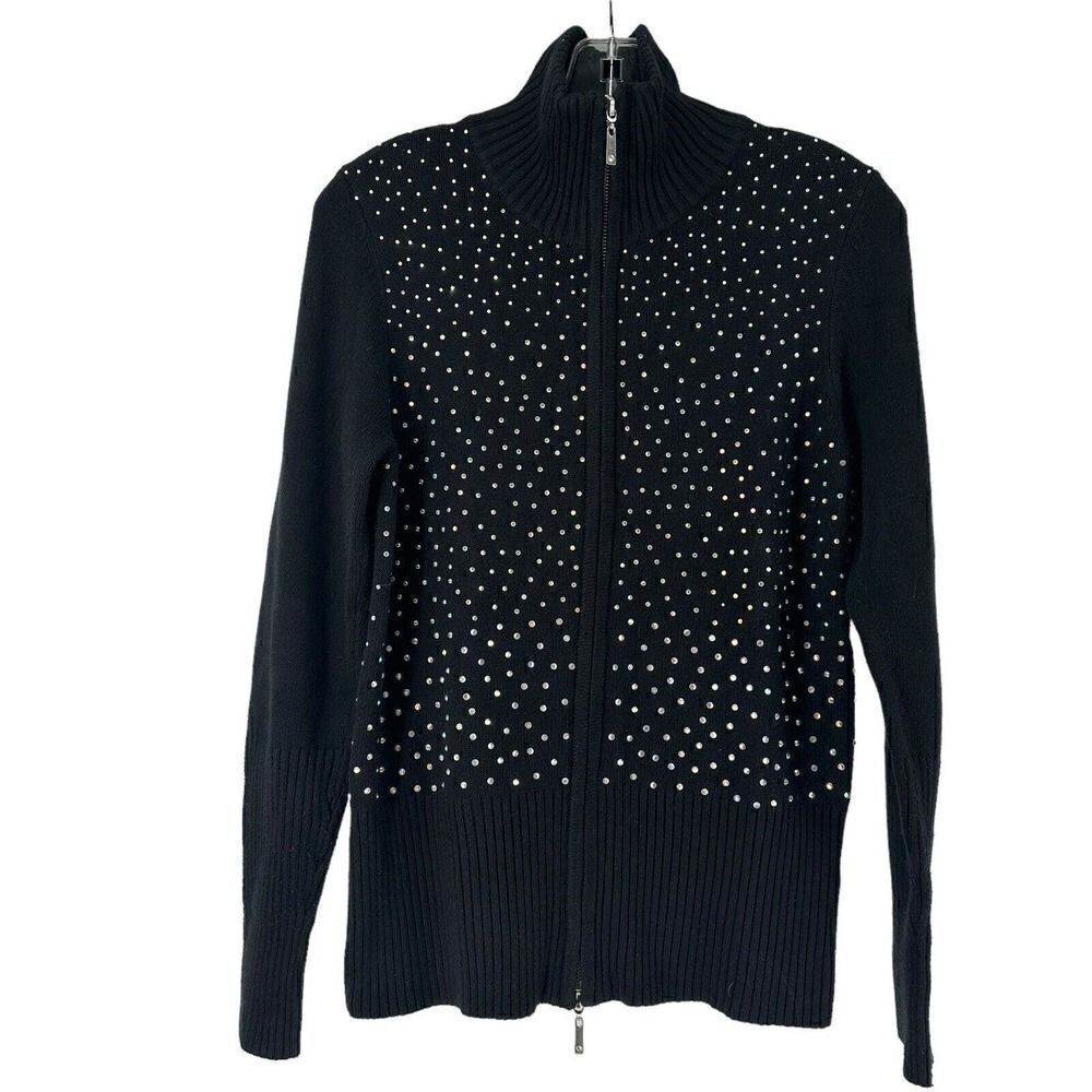 Boston Proper Cardigan Sweater Black Rhinestone Size M Silk Blend Double Zip Top